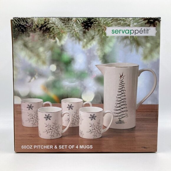 Servappetit Elegant Holiday Xmas Tree Snowflake Design 60oz Pitcher & 4 Mug Set - Picture 3 of 5